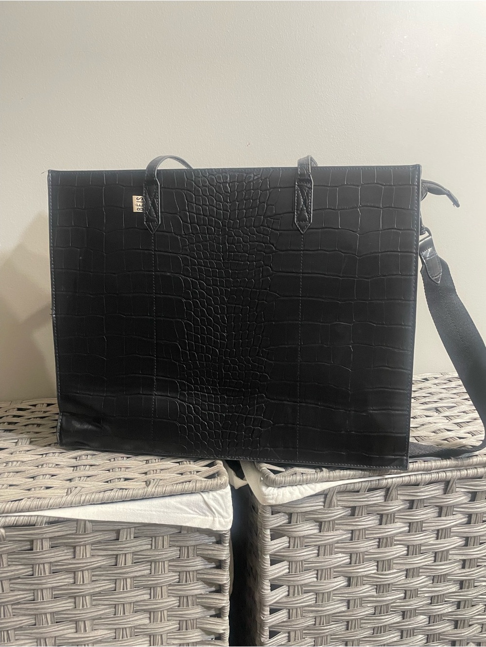 BEIS Black Croc-Embossed Laptop Tote with Detachable Strap